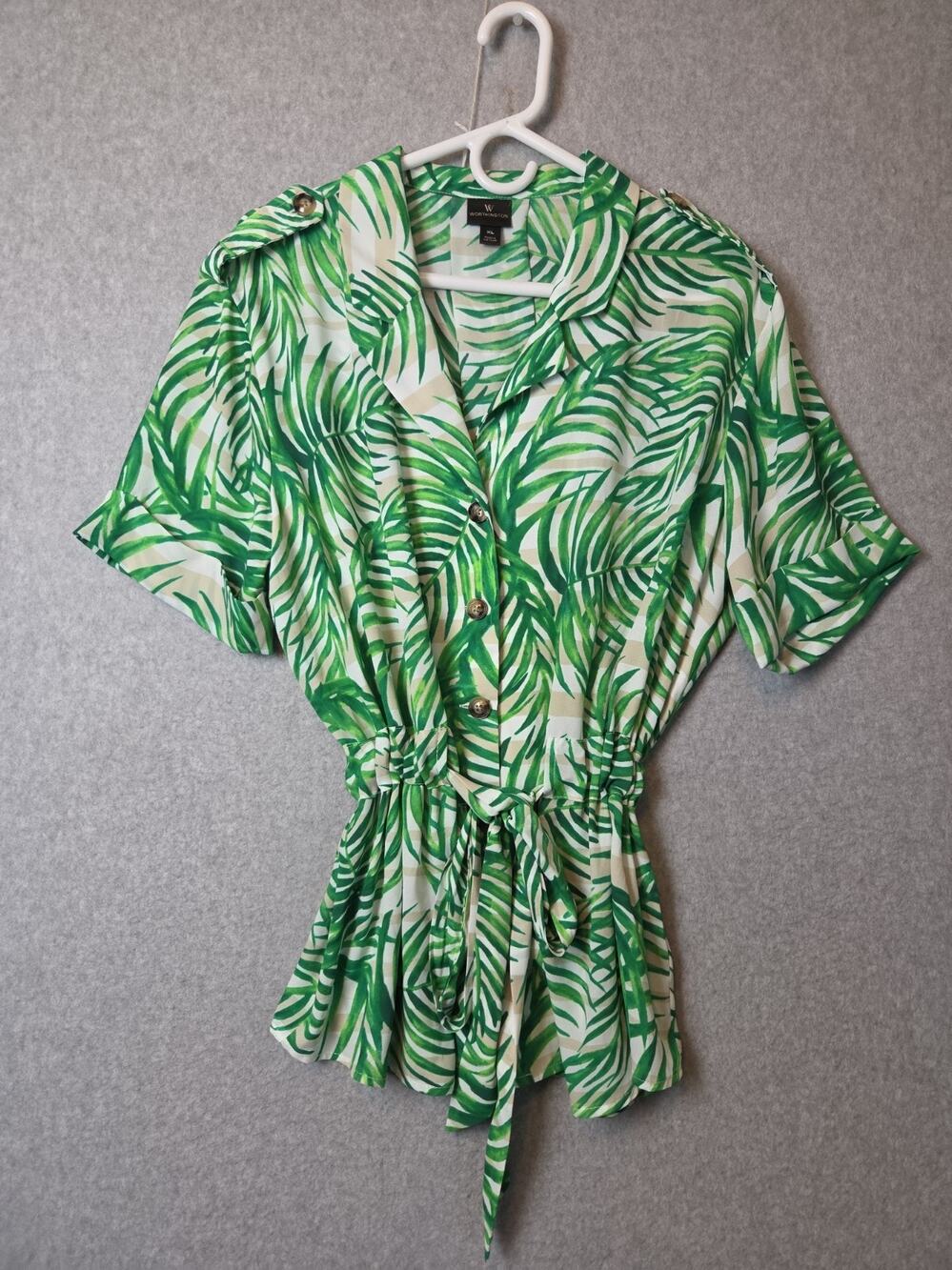 Worthington Green Tropical Palm Leaf SS Belted Button Up Blouse Women's XL